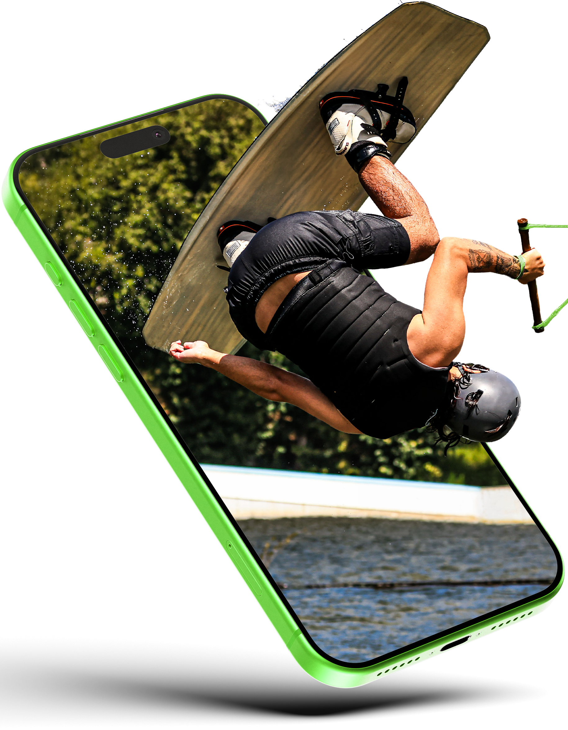 Rider de wakeboard saindo da tela do app Y'UP
